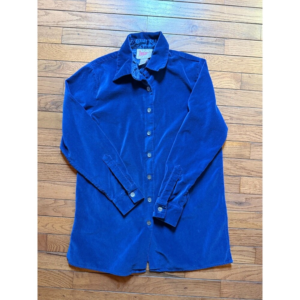 Vintage Penny Lane Blue Velvet Button Down Blouse Small Cottagecore Retro Top